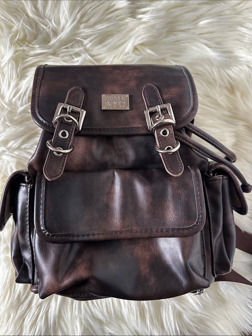 Madden NYC Brown Faux Leather Backpack with Silver Hardware